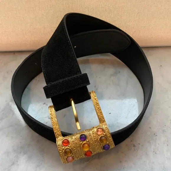 Vintage EXPRESS Black Suede Leather Y2k Gold ? Jewels 90’s Versace Look Belt Gianni Versace Black Leather Medusa Studded Belt Gold Tone  main image 4